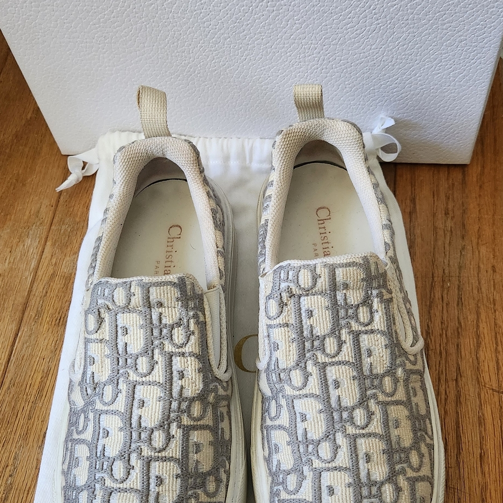 Dior Cream & Light Gray Embroidered Slip-On Sneakers
